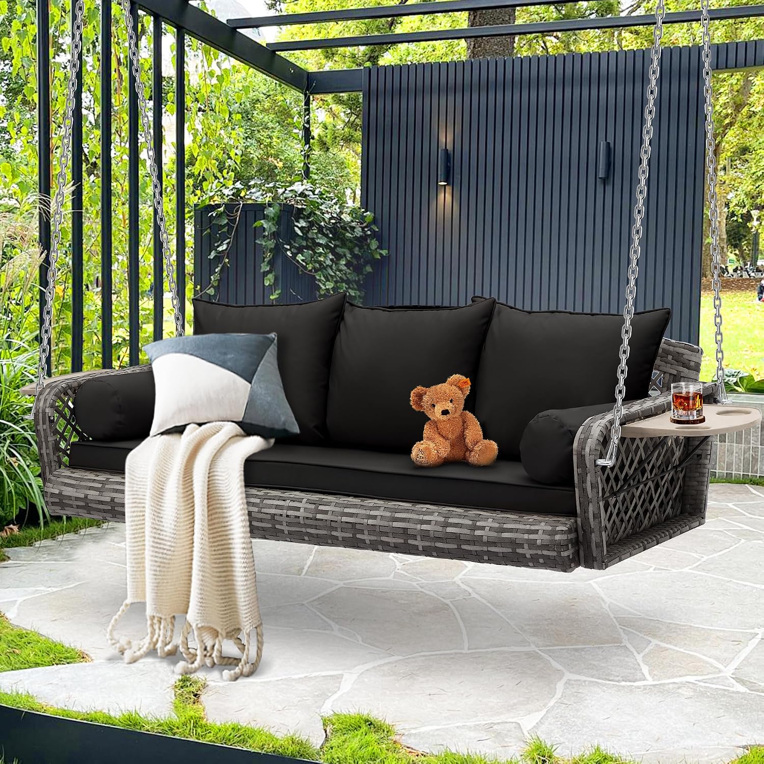 Wicker Porch Swing, 3-Seats Rattan Hanging Swing Chair, Patio Grey Swing, Outdoor Rattan Swings Bench with Cushion for Patio Backyard Poolside Garden, Black
