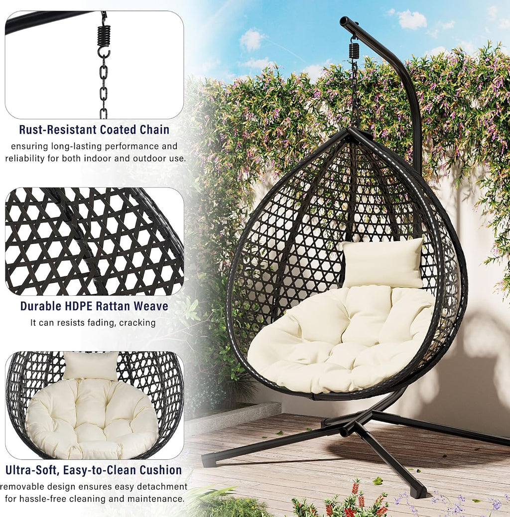 Single Hammock Chair with Stand Durable Hanging Egg Chair with Rattan Weaving, Indoor Outdoor Swing Chairs with Soft Removable Cushion for Balcony, Bedroom, Patio, or Garden, Black+Beige