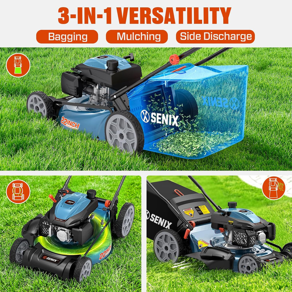 SENIX 22 Inch Gas Lawn Mower, 201cc 4-Cycle OHV Engine, Variable Speed Rear Wheel Self-Propelled Mower, 3-in-1 Mower with Bagging, Mulching & Side Discharge, 6-Positions Adjustable Cutting Height