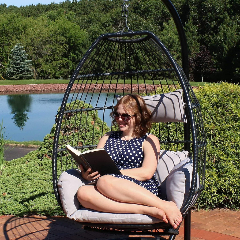 Sunnydaze Oliver Hanging Egg Chair with Seat Cushions - Black Resin Wicker Frame with Gray Polyester Cushions - 48-Inch