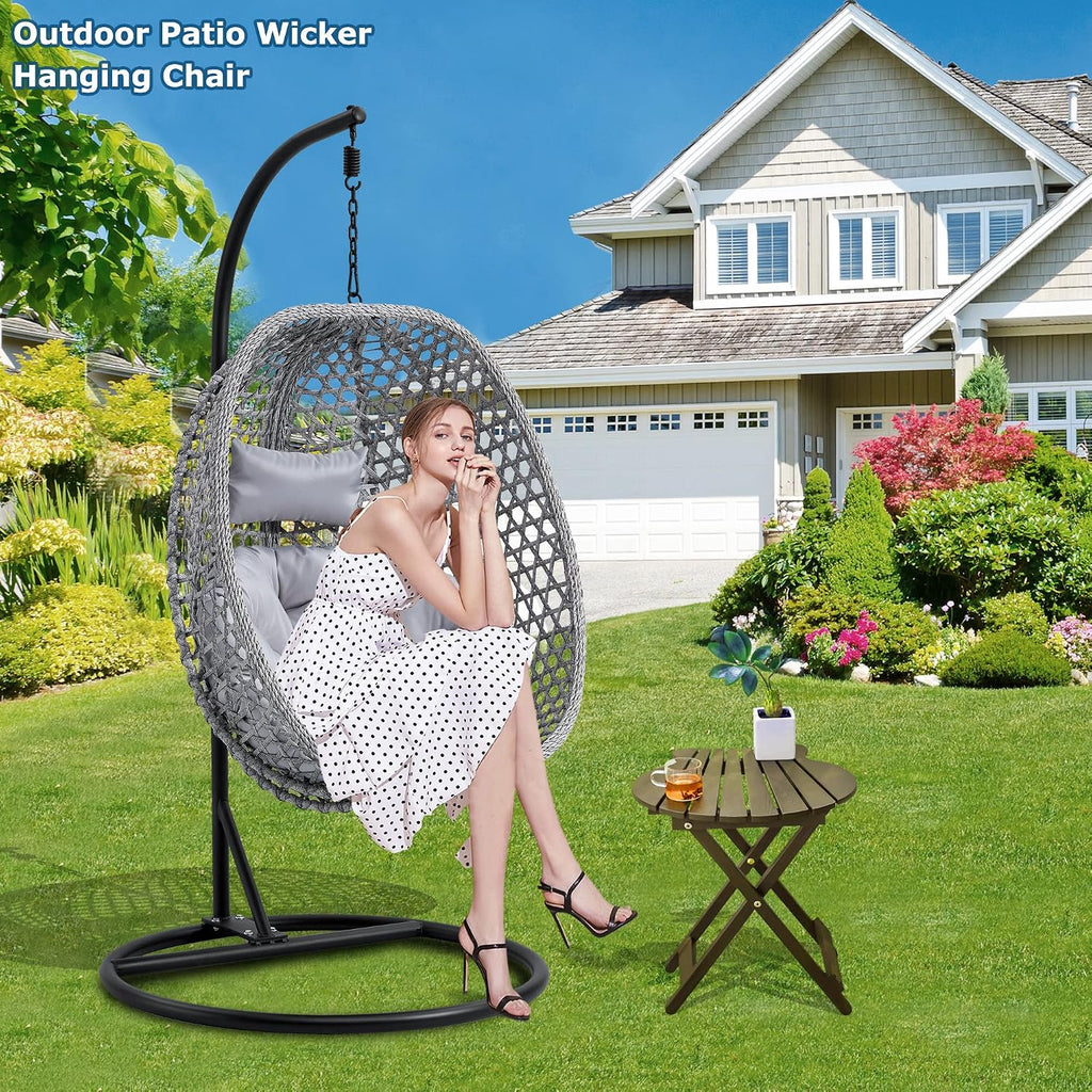 Hanging Egg Chair with Stand & Cushions, Outdoor and Indoor Hammock Rattan Swing Chair 350 lbs Capacity with Aluminum Steel Frame for Patio, Balcony, Backyard and Living Spaces (Light Grey)
