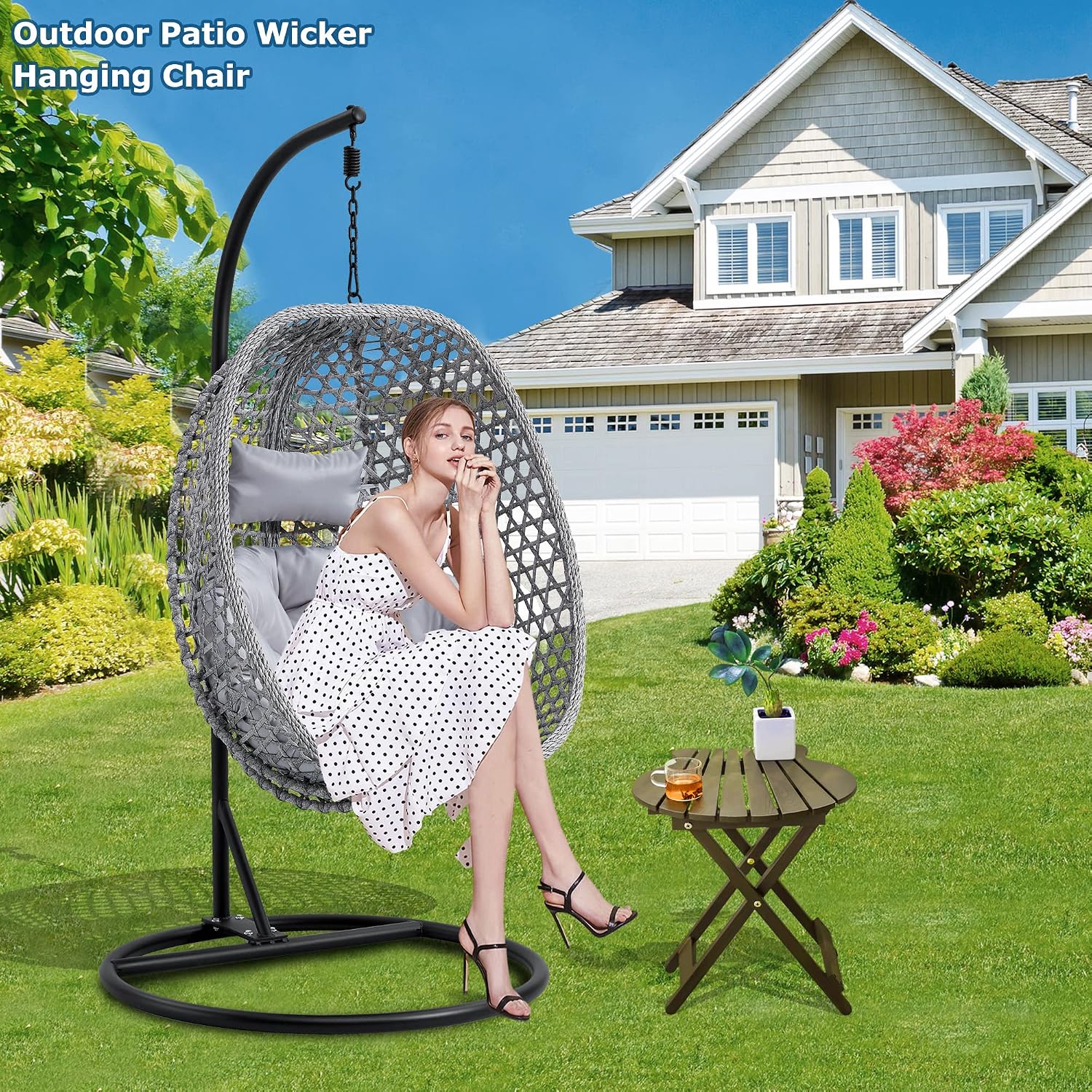 Hanging Egg Chair with Stand & Cushions, Outdoor and Indoor Hammock Rattan Swing Chair 350 lbs Capacity with Aluminum Steel Frame for Patio, Balcony, Backyard and Living Spaces (Light Grey)