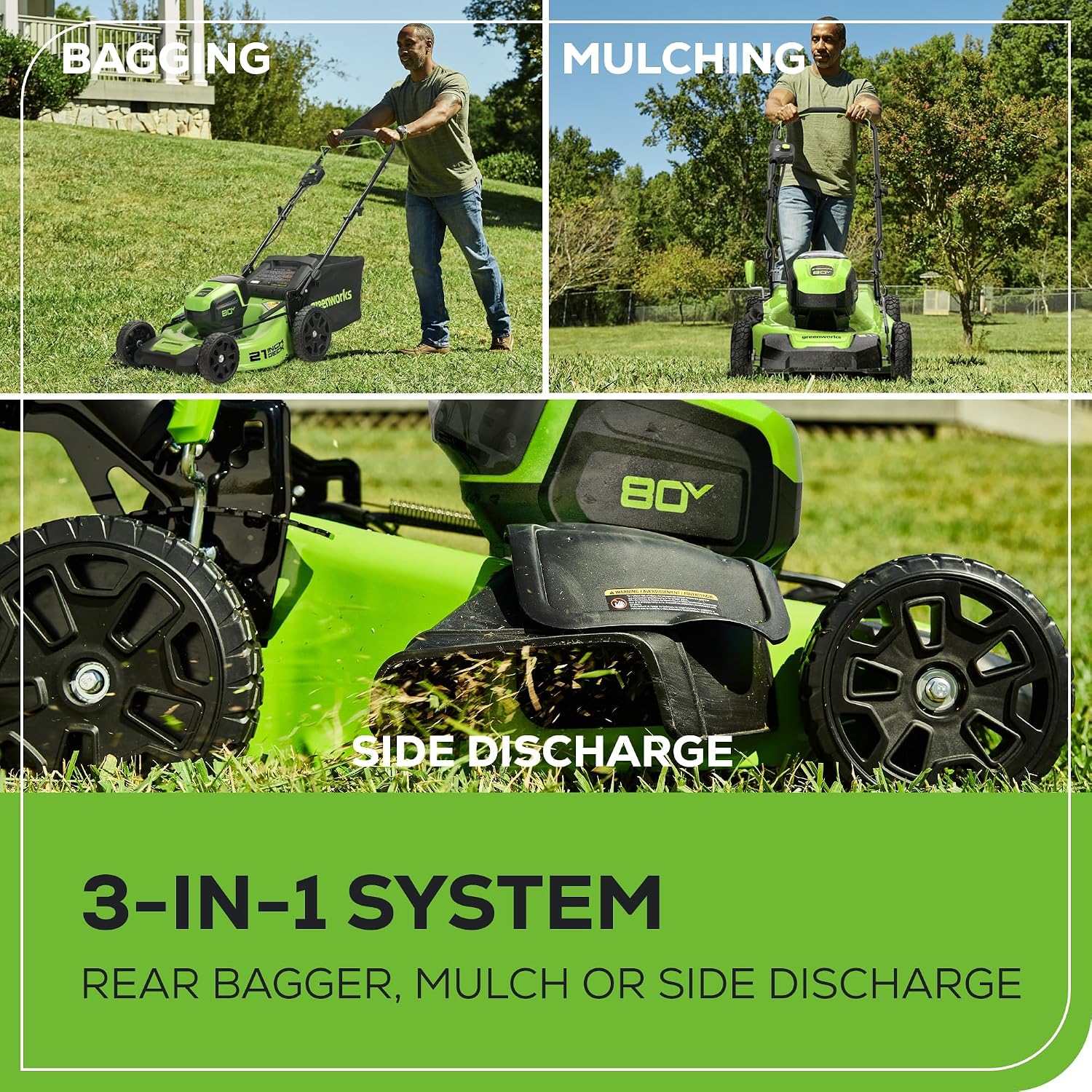 Greenworks 80V 21' Brushless (Push) Cordless Electric Lawn Mower + (500 CFM) Axial Leaf Blower + 13' String Trimmer (75+ Compatible Tools), (2) 2.0Ah Batteries and 30 Minute Rapid Charger