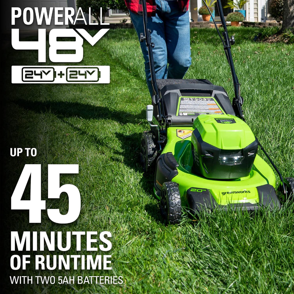 Greenworks 48V 20' Brushless Cordless Self-Propelled Lawn Mower, (2) 5.0Ah USB Batteries (USB Hub) and Dual Port Rapid Charger Included (2 x 24V)