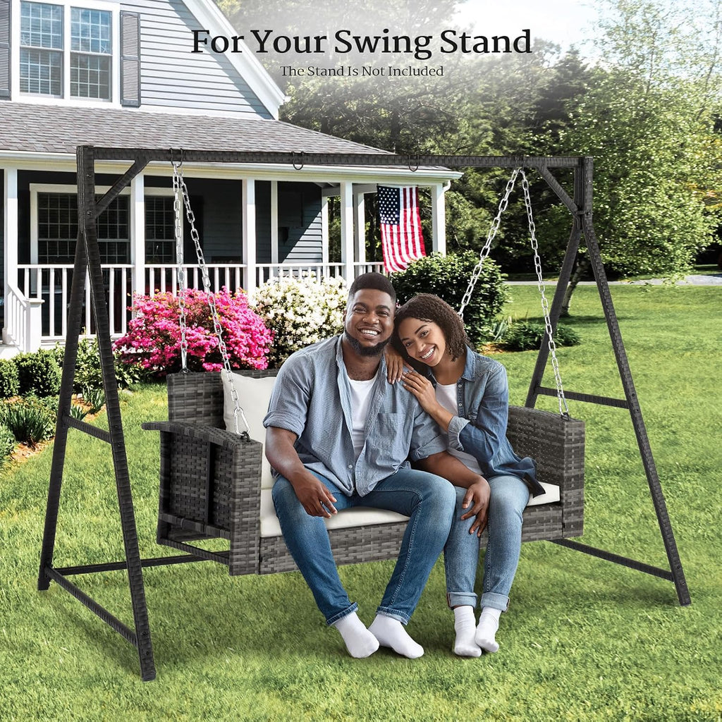 VINGLI Heavy Duty 800 LBS Wicker Hanging Porch Swing with Cushions & Chains, 4FT Outdoor Rattan Swing Bench for Garden, Yard, Lawn (Grey+White)