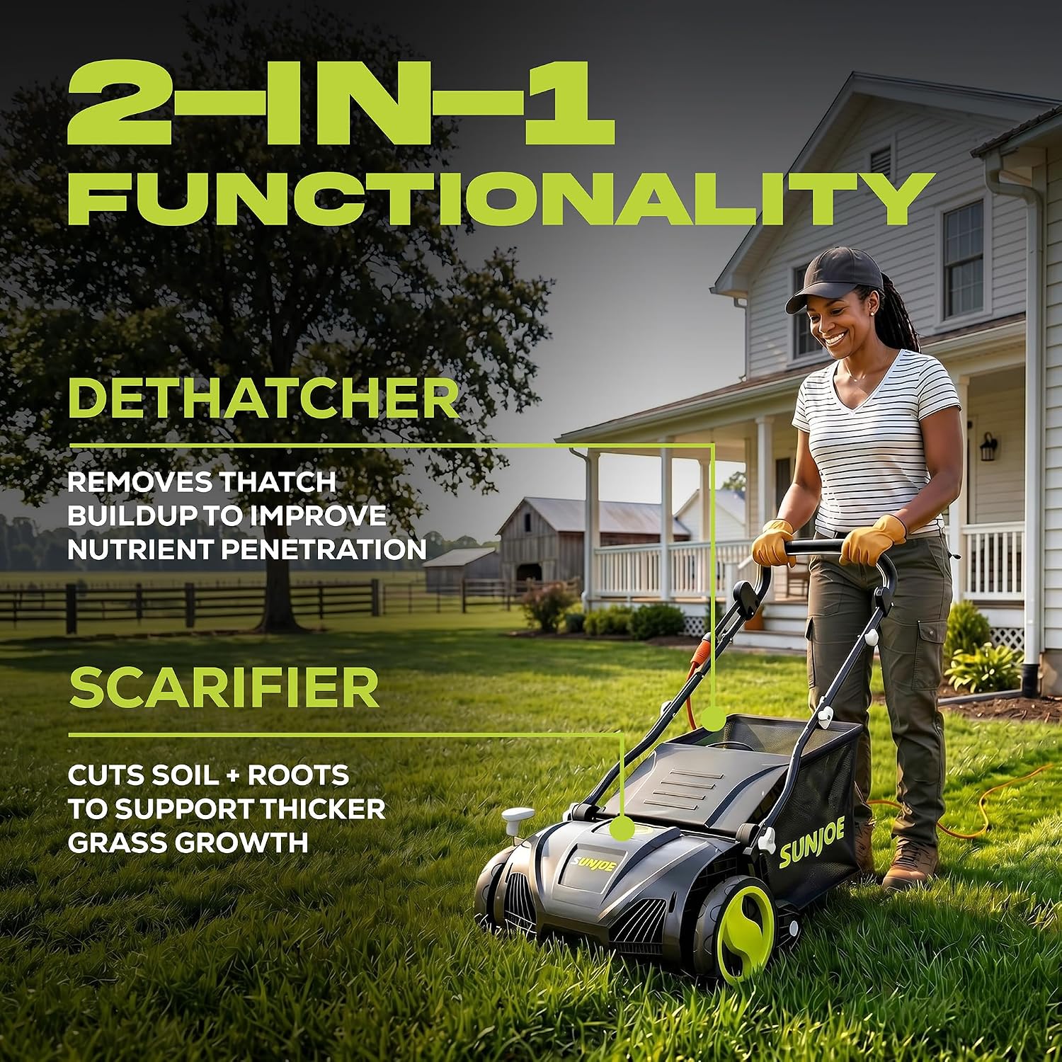 Sun Joe 15-Inch Electric Powered Lawn Dethatcher with Scarifier Blade Reel and Collection Bag - 13-Amp Corded Yard Power Rake Tool Machine for Grass Thatch Removal, AJ805E