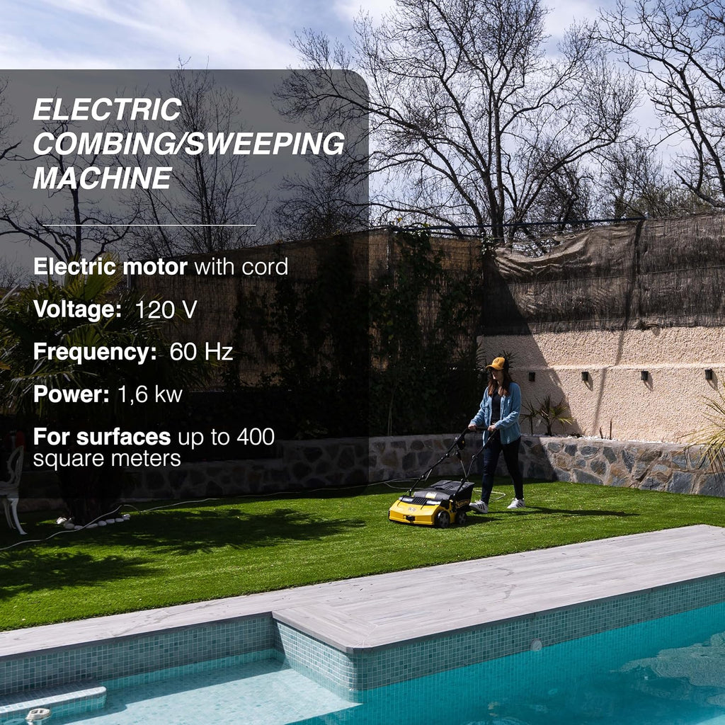 Artificial Turf Sweeper by Roll & Comb, Corded Electric Turf Comb for Synthetic Grass, 16' Working Width, 40L Leaf Collector, 1,600W Motor, Model 502e, 39.5lb