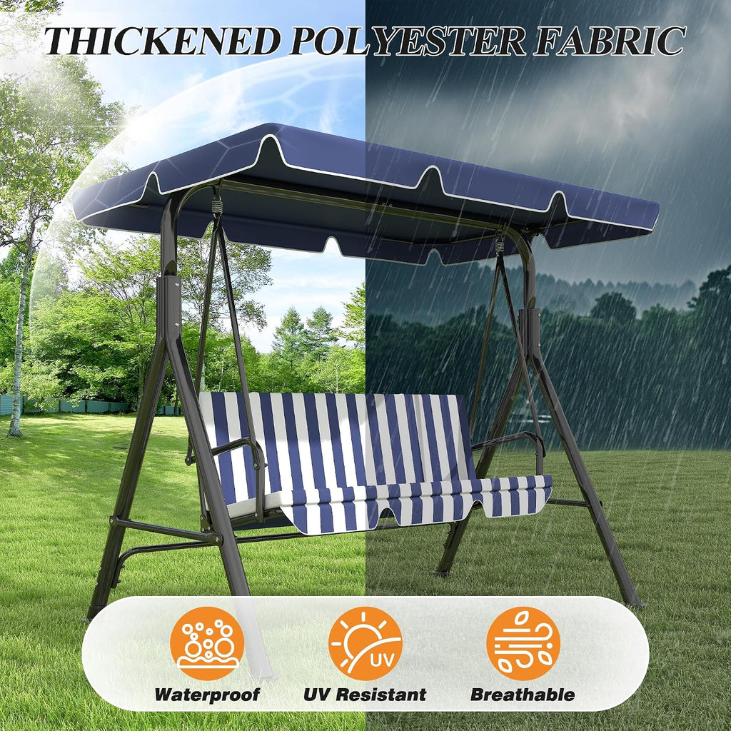 GARTOO 3-Seat Patio Swing Chair, Outdoor Porch Swing with Adjustable Canopy and Durable Steel Frame for Patio, Garden, Poolside(Nevy Blue)
