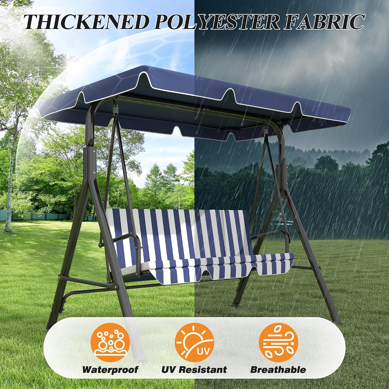 GARTOO 3-Seat Patio Swing Chair, Outdoor Porch Swing with Adjustable Canopy and Durable Steel Frame for Patio, Garden, Poolside(Nevy Blue)