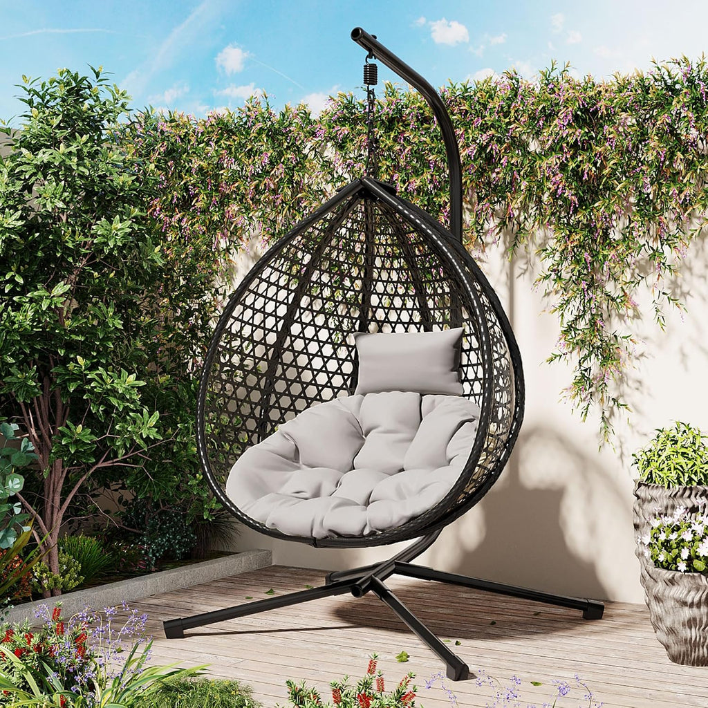 Single Hammock Chair with Stand Durable Hanging Egg Chair with Rattan Weaving, Indoor Outdoor Swing Chairs with Soft Removable Cushion for Balcony, Bedroom, Patio, or Garden, Black+ Grey