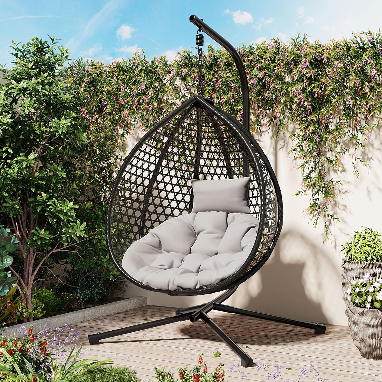 Single Hammock Chair with Stand Durable Hanging Egg Chair with Rattan Weaving, Indoor Outdoor Swing Chairs with Soft Removable Cushion for Balcony, Bedroom, Patio, or Garden, Black+ Grey