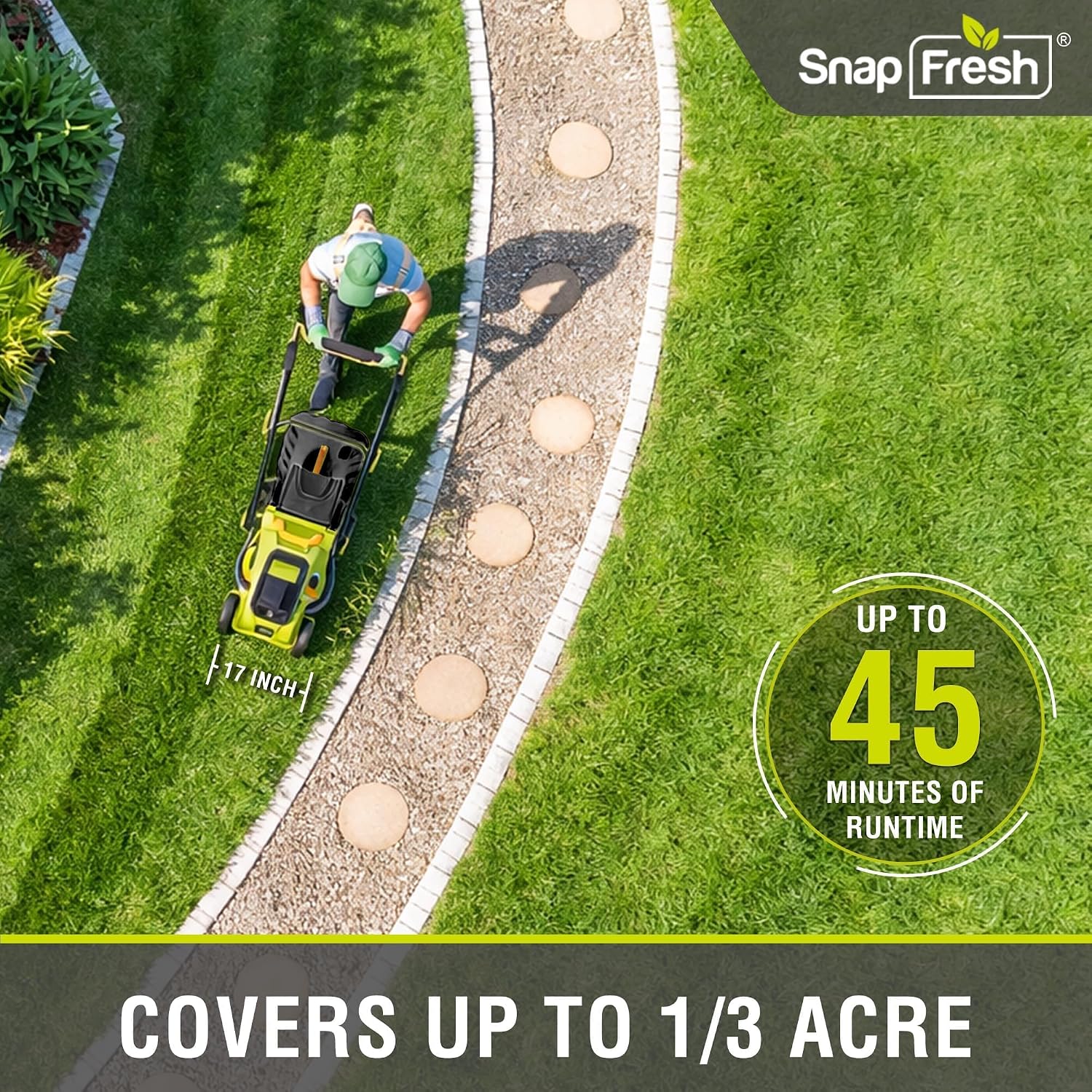 SnapFresh 40V 17' Brushless Lawn Mower – 2 x 5.0Ah Batteries Electric Cordless Push Mower with Fast Charger, 6-Level Height Adjustment, 45L Grass Bag, Lightweight Battery Powered Mower