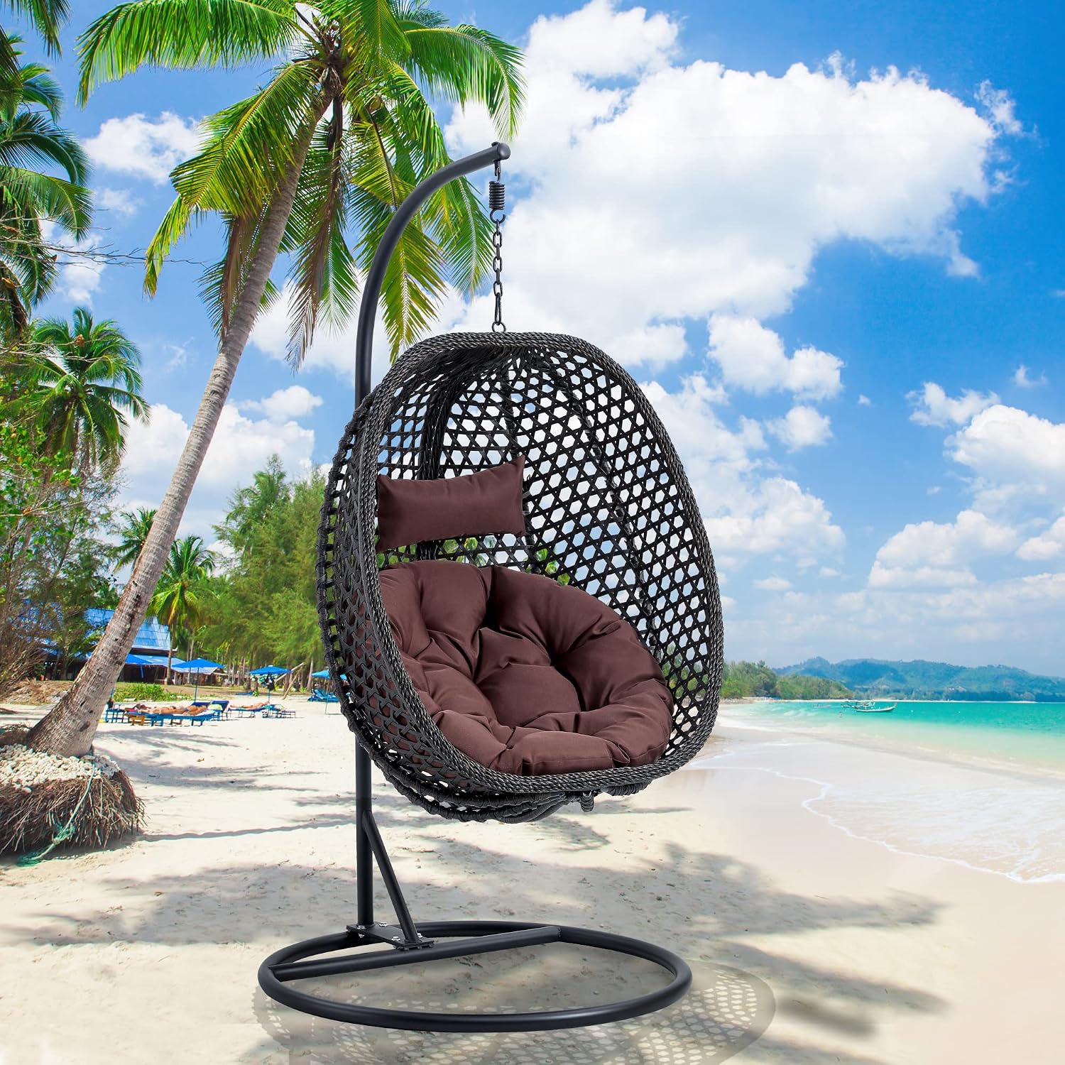Hanging Egg Chair with Stand & Cushions, Outdoor and Indoor Hammock Rattan Swing Chair 350 lbs Capacity with Aluminum Steel Frame for Patio, Balcony, Backyard and Living Spaces (Black)