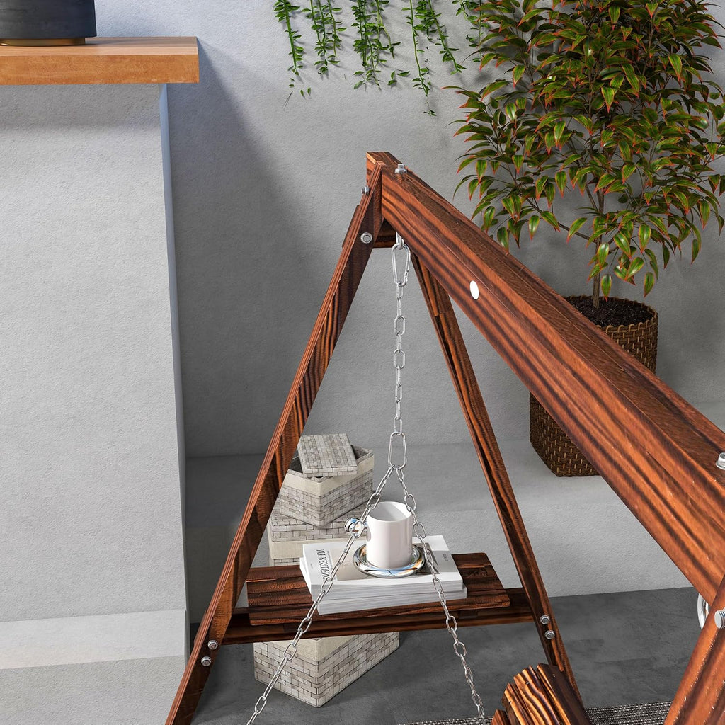 Outsunny 2-Seat orch Swing with Stand, Wooden Patio Swing Chair with Side Tables and Metal Chains, Outdoor Hanging Bench for Garden, Poolside, Backyard, Carbonized