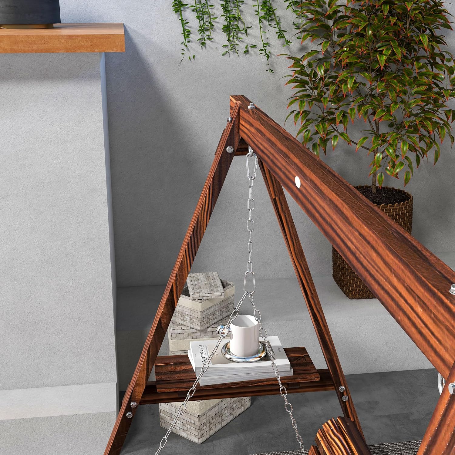 Outsunny 2-Seat orch Swing with Stand, Wooden Patio Swing Chair with Side Tables and Metal Chains, Outdoor Hanging Bench for Garden, Poolside, Backyard, Carbonized