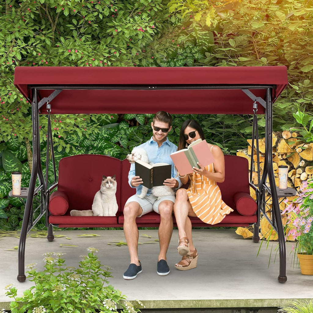 HOMREST 3 Seat Outdoor Porch Swing with Adjustable Canopy, Convertible Patio Swing Bed with Stand, Patio Glider Swing with Upgraded Cup Holder, Thicken Cushions ＆ Pillow for Backyard(Wine Red)