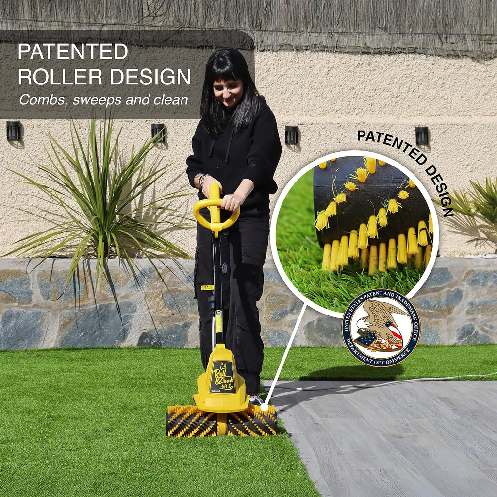 Artificial Turf Sweeper Broom by Roll & Comb, Corded Electric Power Rake for Artificial Grass, Fake Grass Cleaner for Dogs, Model 141e, 10.6lb.