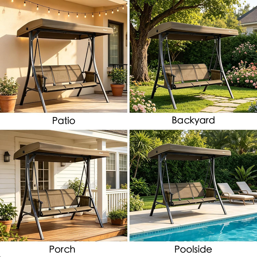 Kozyard Brenda 3-Seat Outdoor Porch Swing Glider, Patio Swing with Adjustable Canopy, Steel Frame, Breathable Textilene Seat & Back, Side Pockets (Taupe)
