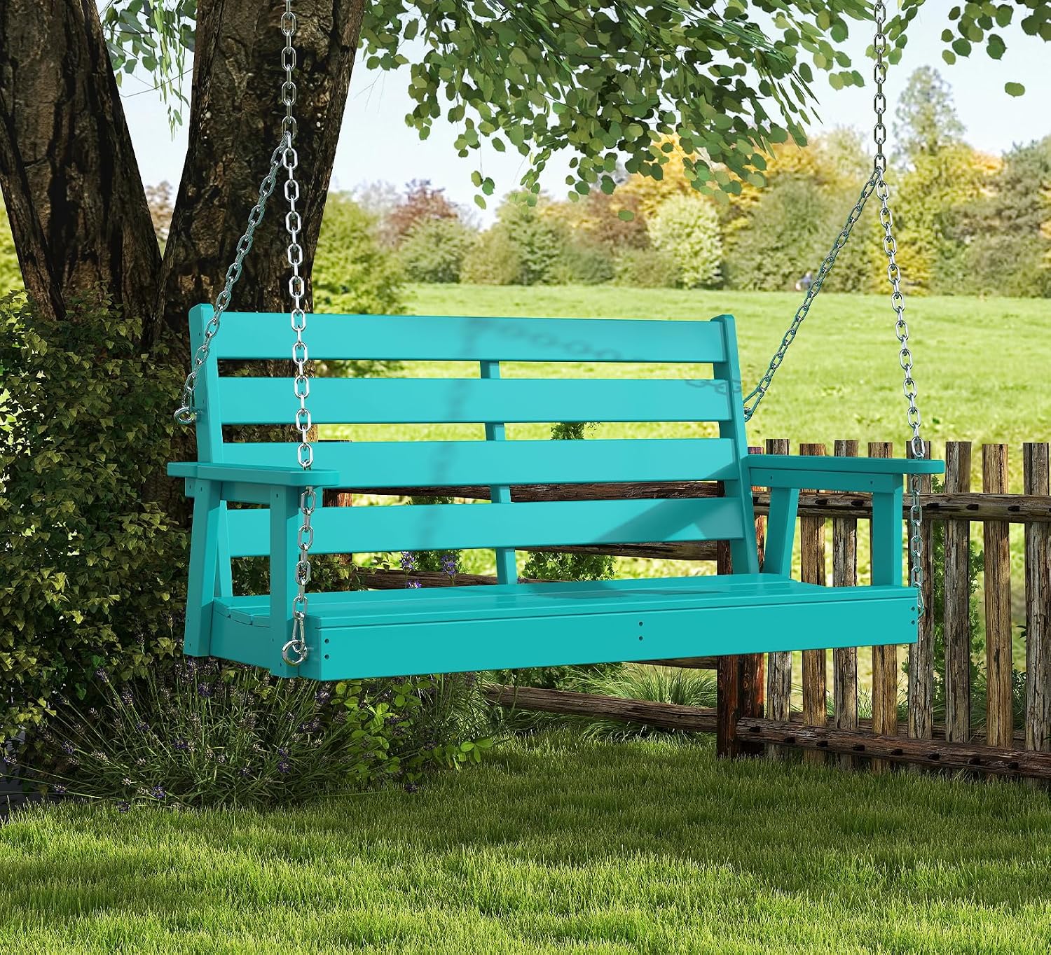 GREENVINES Porch Swing | 51'' | HDPE Plastic | for Outdoor Patio | All Weather | Waterproof Bench Swings | w/ 4 Stainless Steel Chains | Aqua