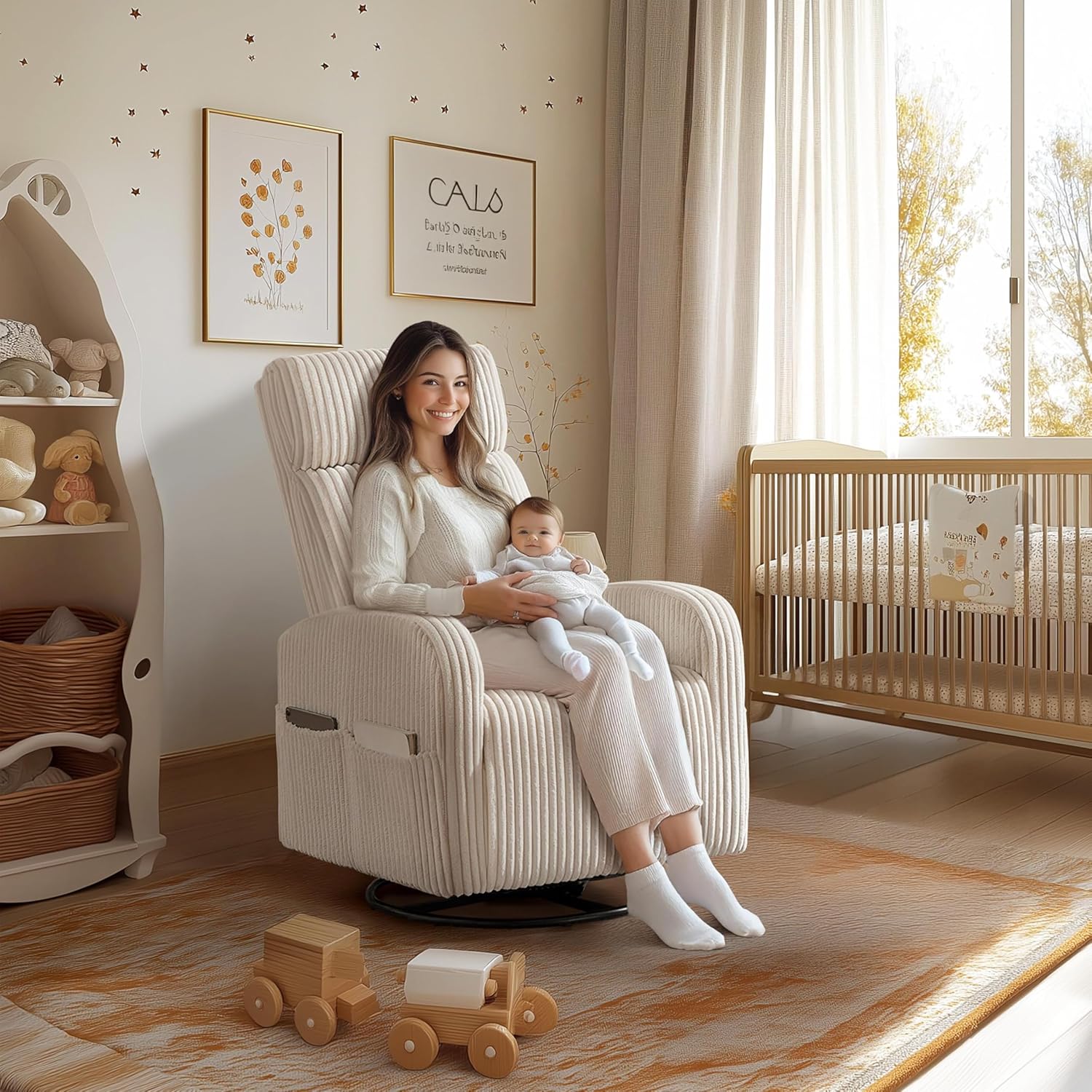 Yaheetech 360° Swivel Glider Chair for Nursery, Rocking Chair Nursing Chair with Side Pockets, Corduroy Glider for Living Room with High Back Beige