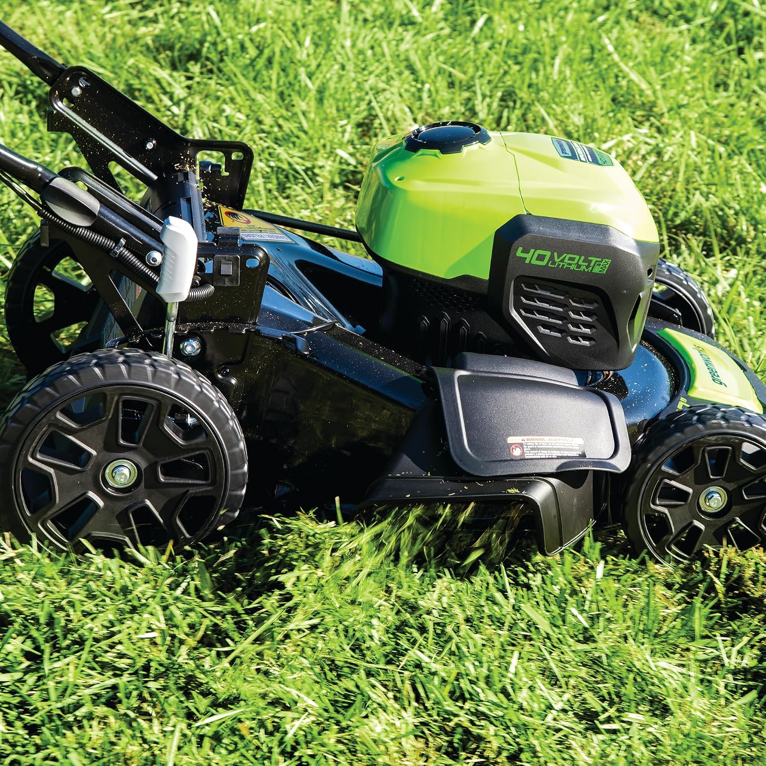 Greenworks 40V 20' Cordless Push Lawn Mower with Axial Leaf Blower(500 CFM / 120 MPH), 12' String Trimmer, 160 PSI Portable Tire Inflator, Includes 2 Batteries(5Ah+2Ah) & Chargers