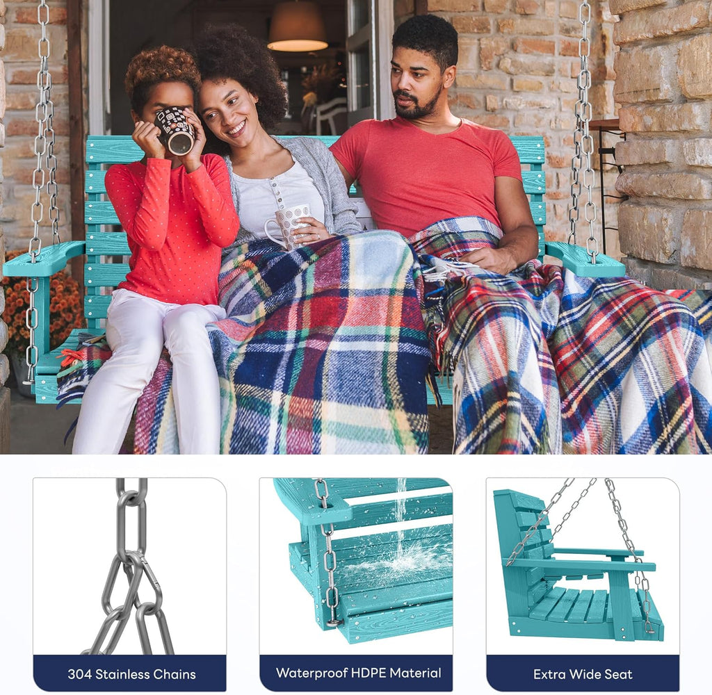 KINGYES Outdoor Hanging Porch Swing, 2 Seat Patio Swing Chair with Cup Holders, Waterproof Swing Chair Bench for Courtyard & Garden, 660LBS Weight Capacity, Aruba Blue