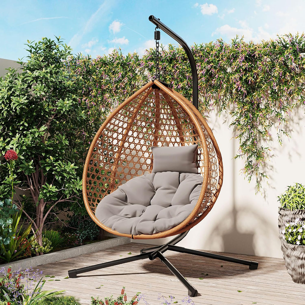 Single Hammock Chair with Stand Durable Hanging Egg Chair with Rattan Weaving, Indoor Outdoor Swing Chairs with Soft Removable Cushion for Balcony, Bedroom, Patio, or Garden, Natural+Grey