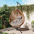 Single Hammock Chair with Stand Durable Hanging Egg Chair with Rattan Weaving, Indoor Outdoor Swing Chairs with Soft Removable Cushion for Balcony, Bedroom, Patio, or Garden, Natural+Grey