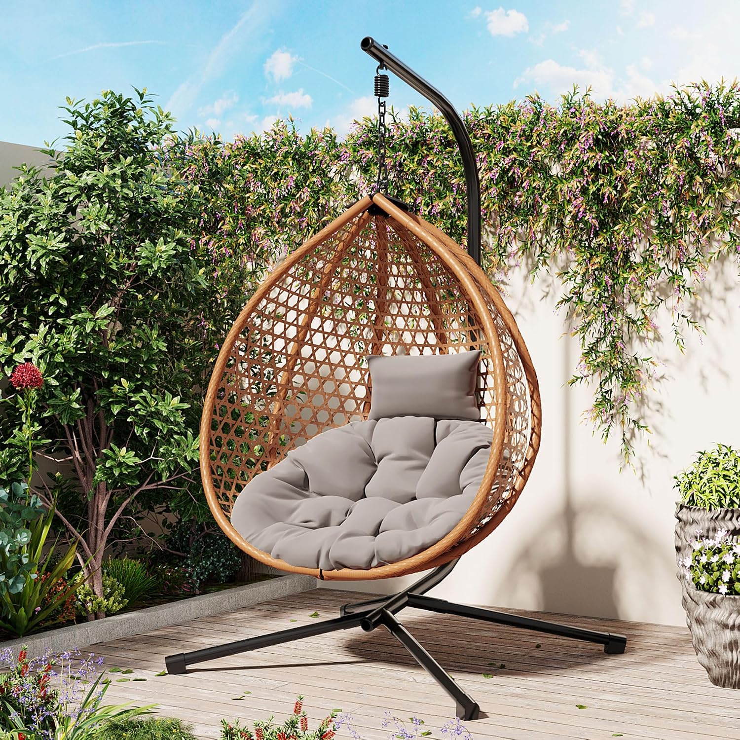 Single Hammock Chair with Stand Durable Hanging Egg Chair with Rattan Weaving, Indoor Outdoor Swing Chairs with Soft Removable Cushion for Balcony, Bedroom, Patio, or Garden, Natural+Grey