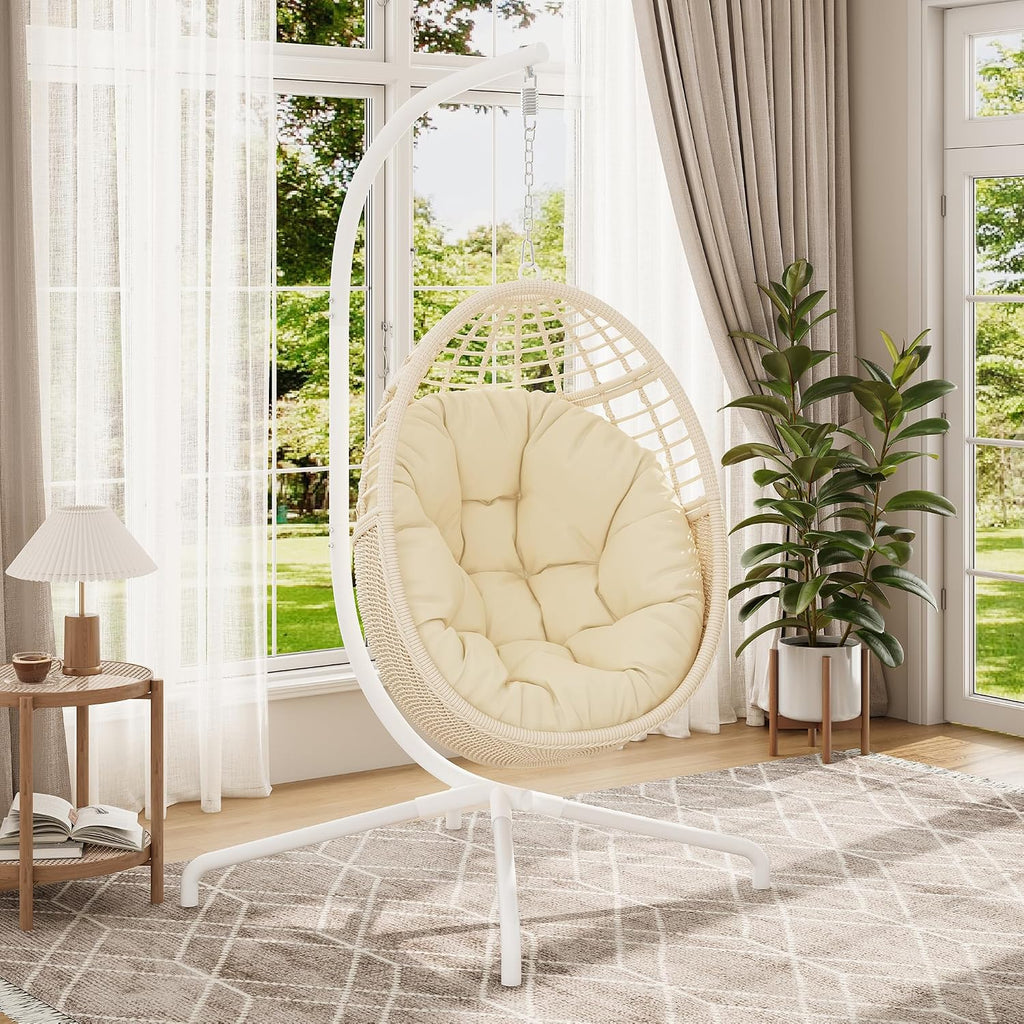 Hanging Egg Chair Swing Chair with Stand Wicker Rattan Chair for Indoor Outdoor Patio Bedroom Hammock Chair with Steel Frame and Cushion Beige