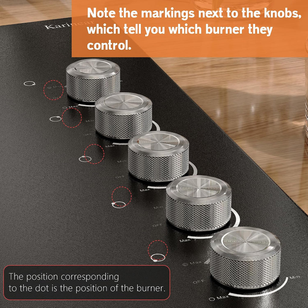 Karinear 36' Electric Cooktop 5 Burners, Knob Control Electric Stove Top, 9 Power Levels, Residual Heat Indicator, 8400W, 40A, 240V Hardwire(Sliver)
