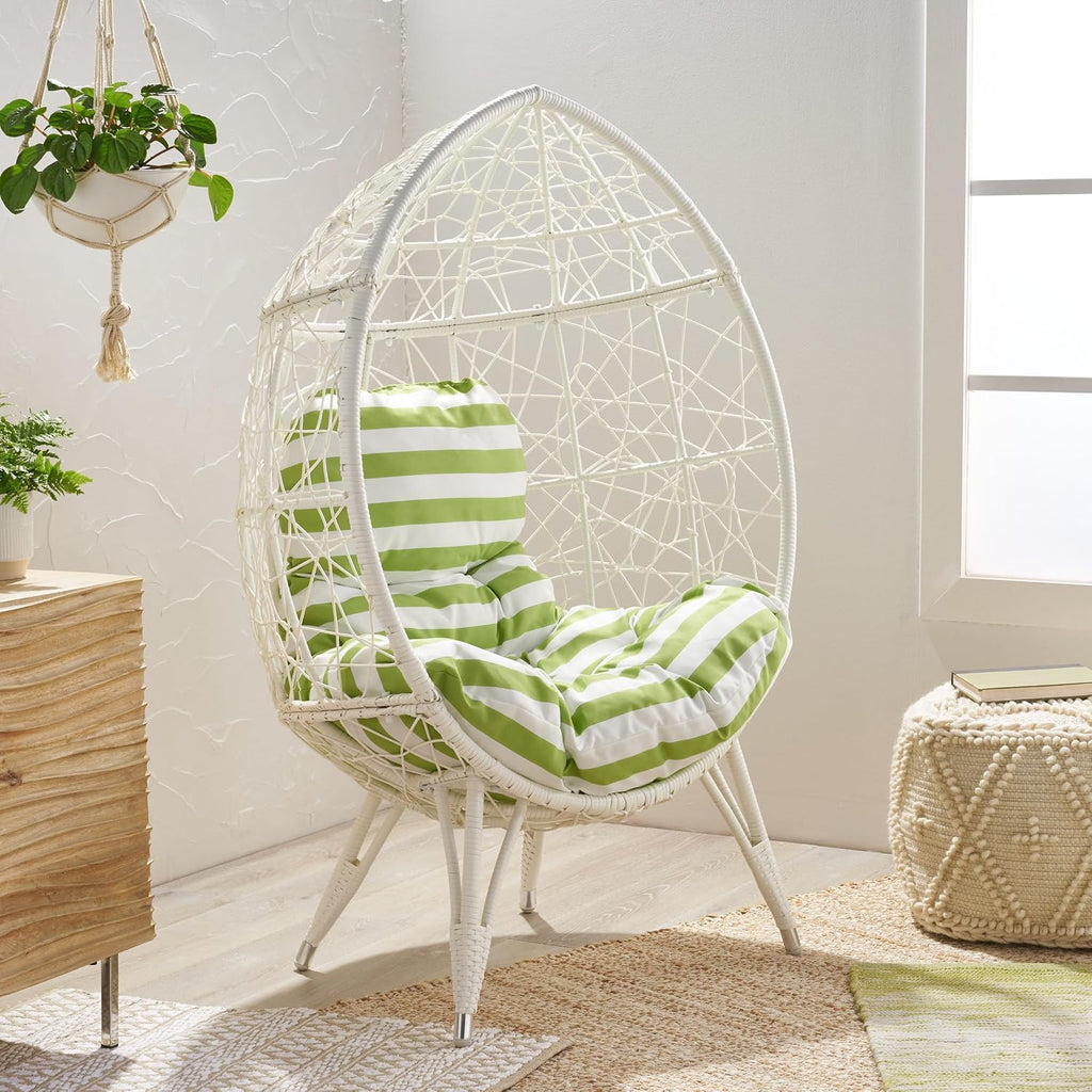Wicker Egg Chair, Wicker Lounge Chair with Water Resistant Cushion, Indoor Outdoor Lounger for Patio, Backyard, Living Room (White)