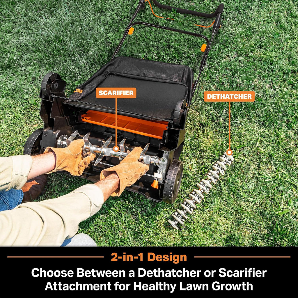 LawnMaster 48V MAX Brushless 16' 2-in-1 Cordless Dethatcher and Scarifier with Removable Thatch Collection Bag Quick-Fold – CLGVB4816