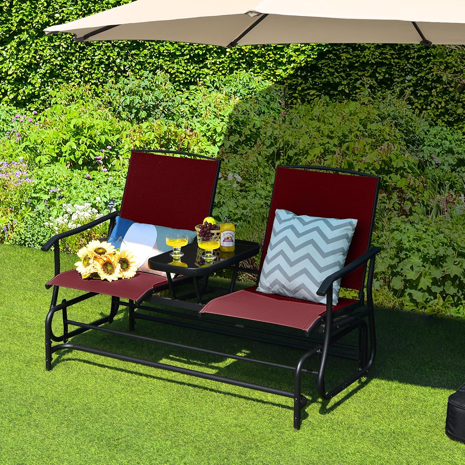 Tangkula 2 Person Swing Glider Chair, Patio Rocking Loveseat w/Center Tempered Glass Table, Outdoor Swing Bench w/Steel Frame & Breathable Mesh Fabric for Porch, Balcony, Poolside (Burgundy)