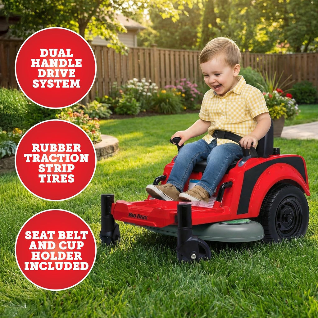 Kid Trax 12V Zero Turn Lawn Mower Jr. Ride on Toy - Riding Lawn Mower, Outdoor Toys, Kids Electric Car, Tractor Toy, Dual Handle, Twist and Turn, Speed to 2.5 MPH, Max Weight of 66lbs, Age 2-5, Red