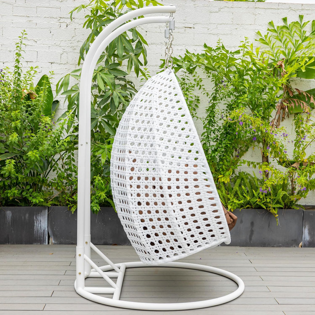 LeisureMod 2 Person Hanging Egg Chair, Indoor Outdoor Patio Lounge Swing with White Stand & UV-Resistant Cushions, Hammock Chair for Bedroom & Garden, Brown