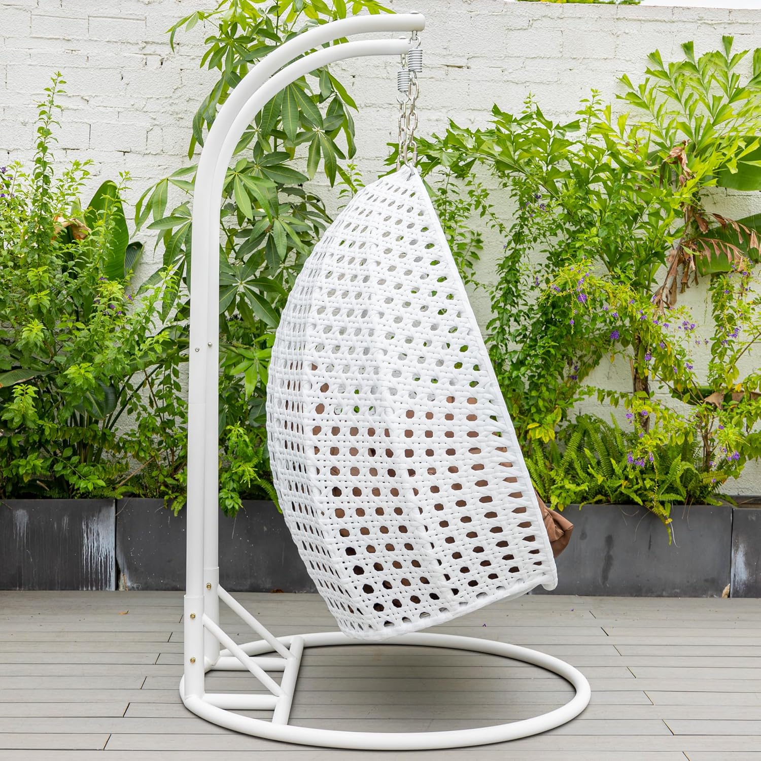 LeisureMod 2 Person Hanging Egg Chair, Indoor Outdoor Patio Lounge Swing with White Stand & UV-Resistant Cushions, Hammock Chair for Bedroom & Garden, Brown