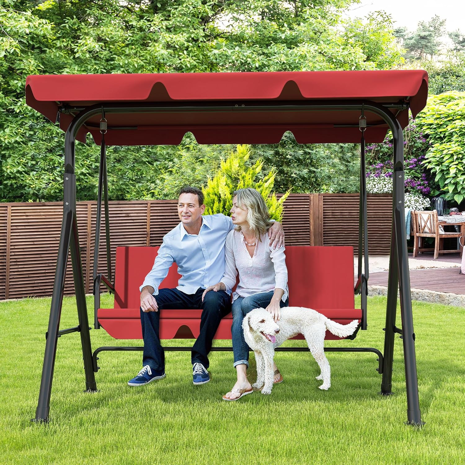 GARTOO 3-Seat Patio Swing Chair, Outdoor Porch Swing with Adjustable Canopy and Durable Steel Frame for Patio, Garden, Poolside(Red)