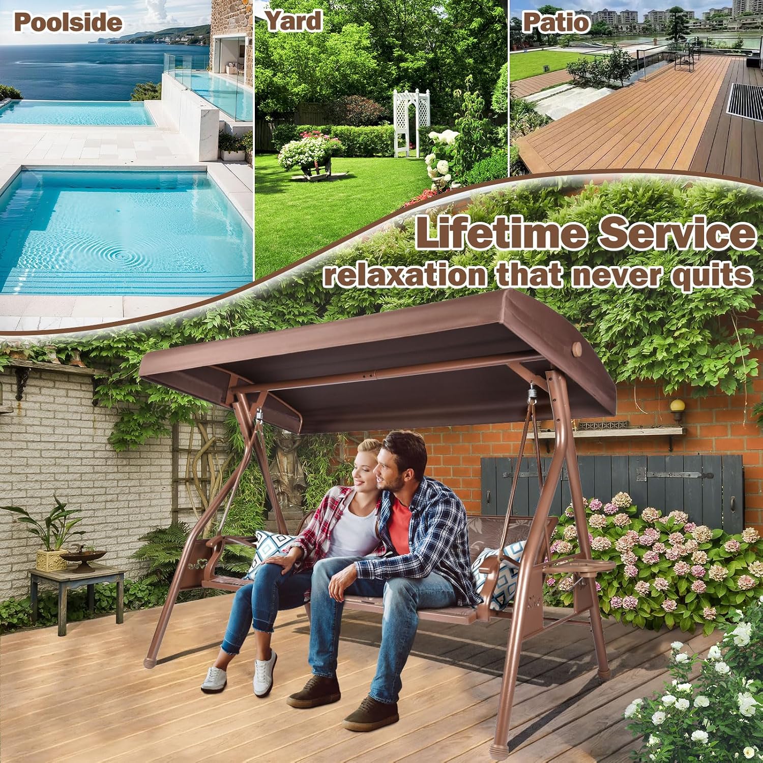 ZZW 3 Person Patio Swing Outdoor Swing for Adults with Adjustable Canopy &Upgraded Cup Holders Textilene Fabric Porch Swing Chair with Stand Heavy Duty 800 LBS
