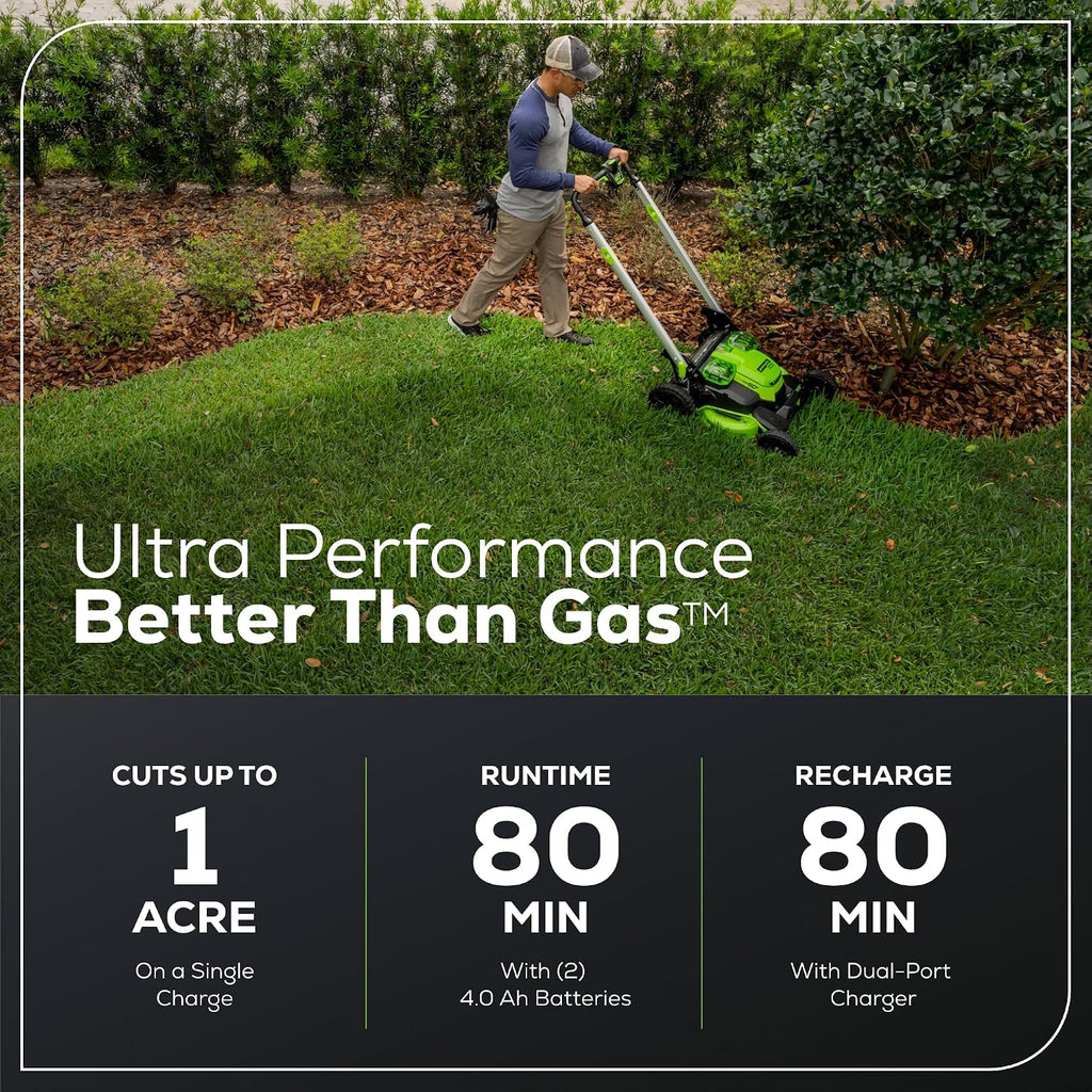 Greenworks 60V 25' Self-Propelled Cordless Lawn Mower – 2 x 4.0Ah Batteries & Fast Charger(75+ Tool Compatibility, 80Min Runtime)