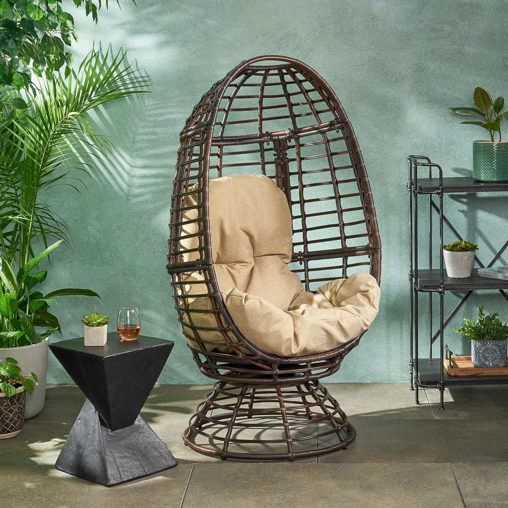 Wicker Egg Chair, Wicker Lounge Chair with Water Resistant Cushion, Indoor Outdoor Lounger for Patio, Backyard, Living Room (Dark Brown)