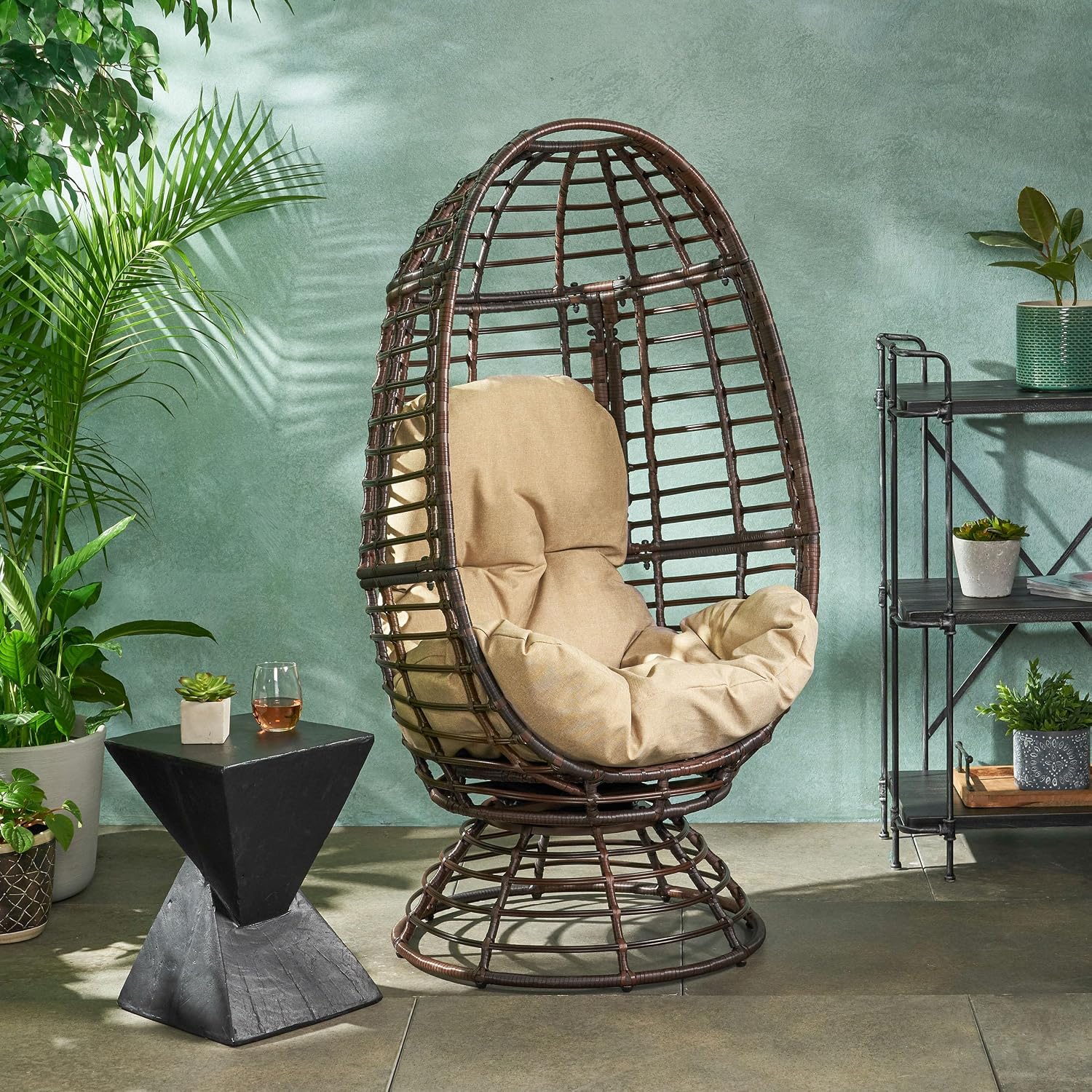 Wicker Egg Chair, Wicker Lounge Chair with Water Resistant Cushion, Indoor Outdoor Lounger for Patio, Backyard, Living Room (Dark Brown)