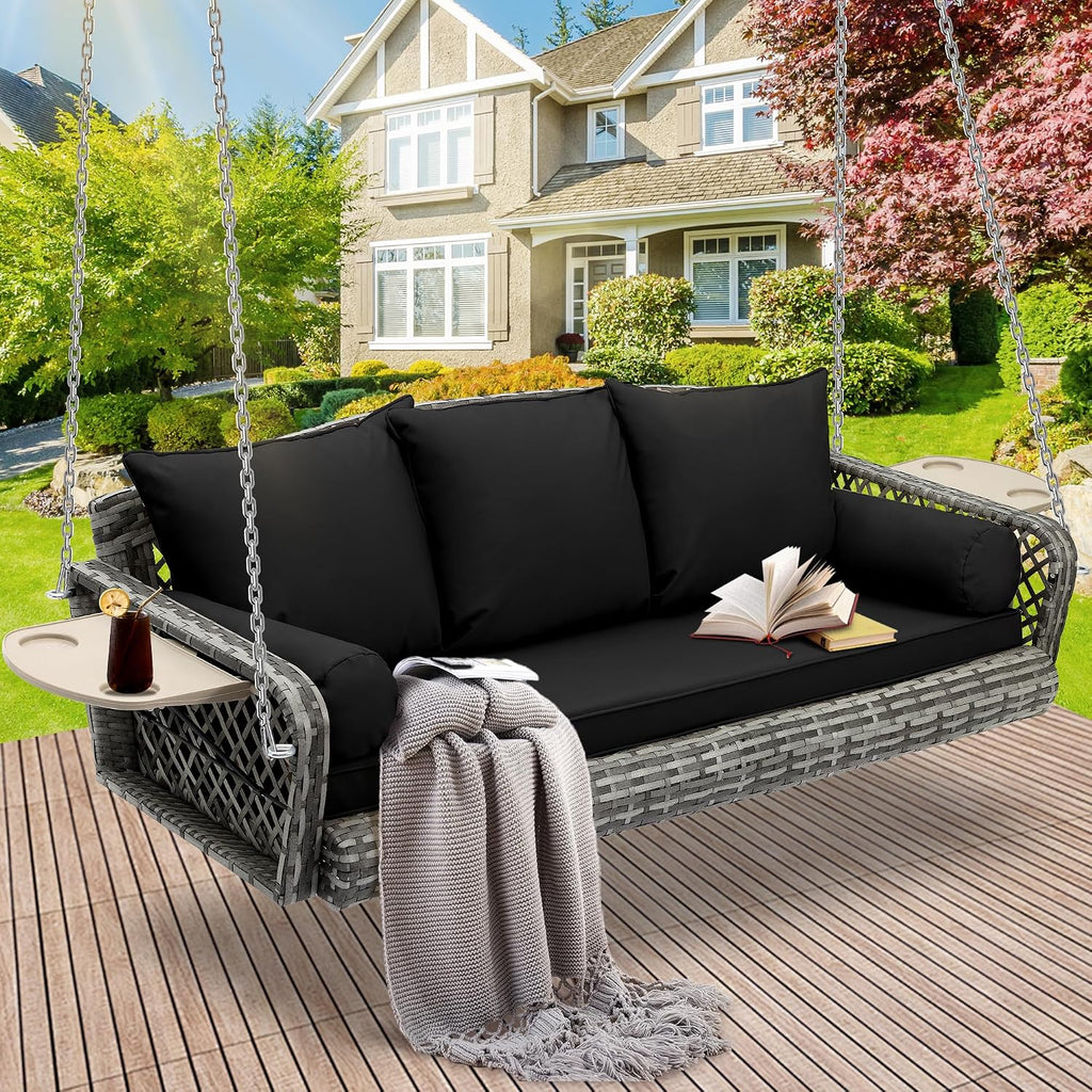 Wicker Porch Swing, 3-Seats Rattan Hanging Swing Chair, Patio Grey Swing, Outdoor Rattan Swings Bench with Cushion for Patio Backyard Poolside Garden, Black