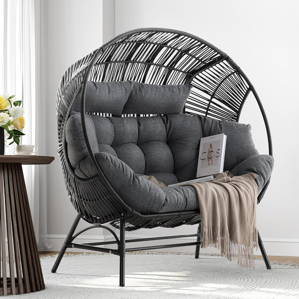 IRONCK 2 Person Egg Chair Outdoor Indoor, Oversized Double Wicker Lounge Chair, Thickened Padded Cushions and Headrests, 680Lbs Egg Loveseat for Patio, Balcony, Living Room, Porch, Gray