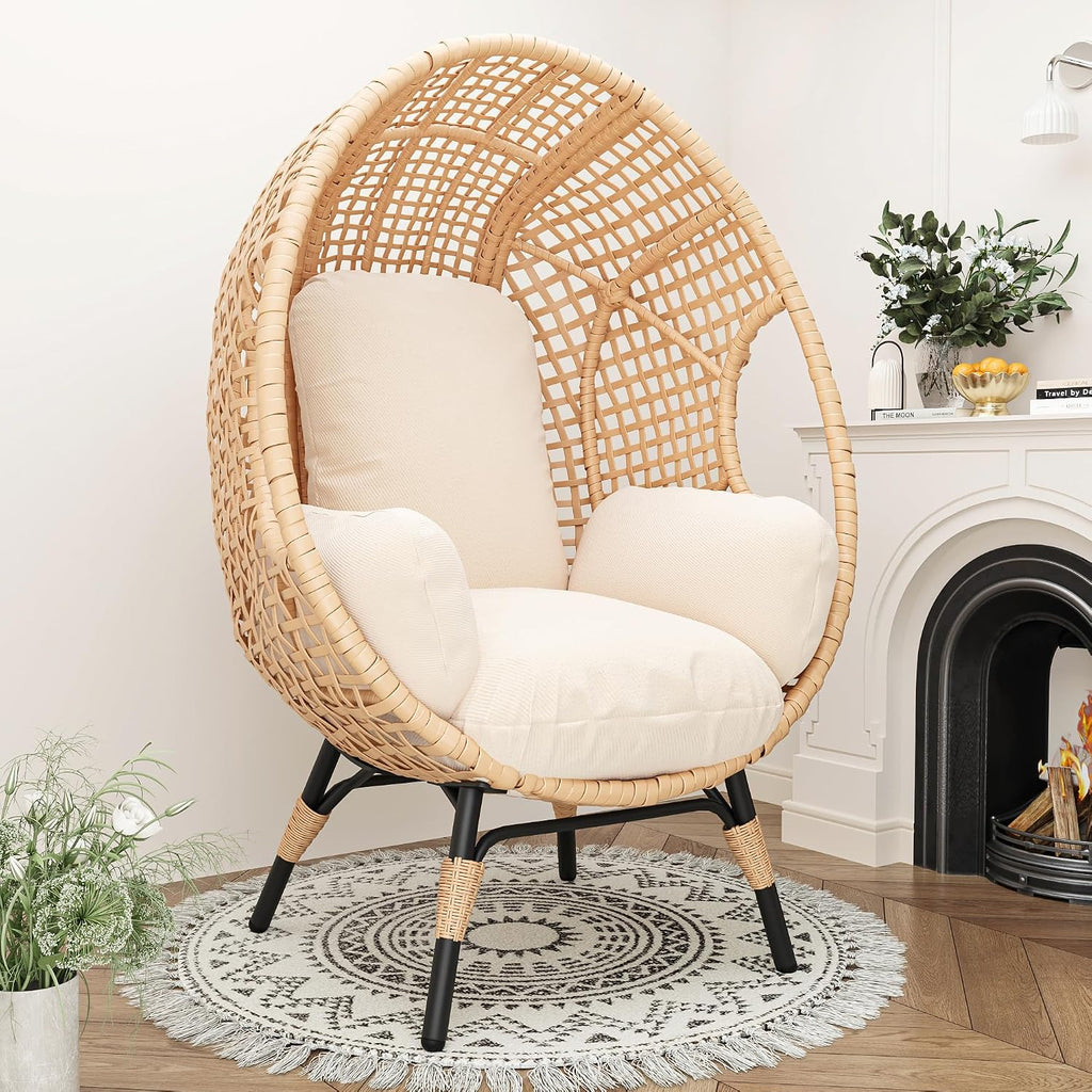 Oversized Wicker Egg Chair Outdoor Indoor Rattan Patio Egg Lounge Chairs with Cushion 500lbs Capacity for Living Room, Balcony, Backyard(Beige)