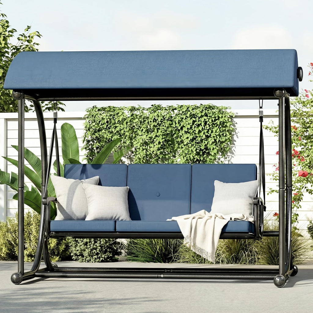 Outdoor Patio Swing Bed with Canopy, 3 Seat Porch Swing Chair for Adults, Heavy Duty Frame, Thick Cushions, Adjustable Backrest for Backyard Balcony Garden, Blue
