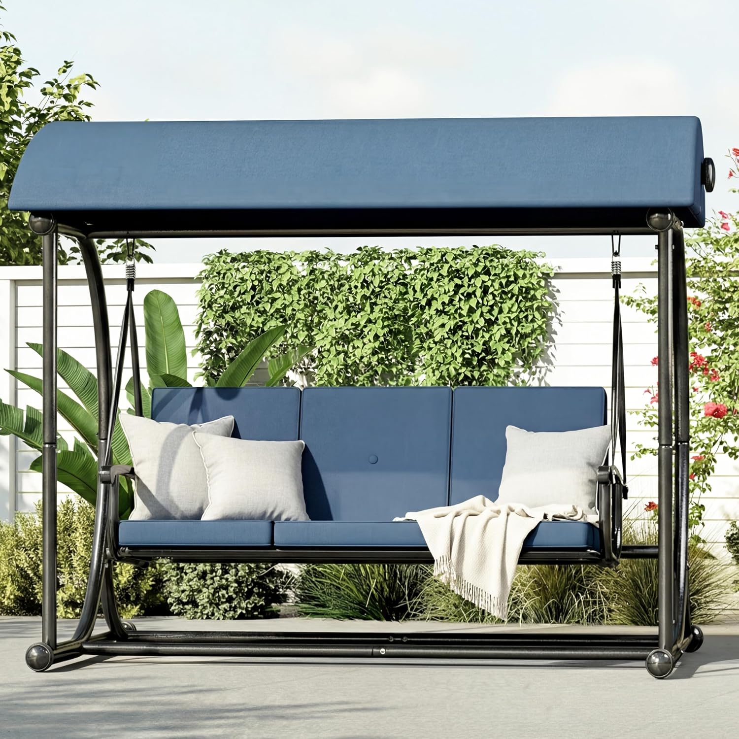 Outdoor Patio Swing Bed with Canopy, 3 Seat Porch Swing Chair for Adults, Heavy Duty Frame, Thick Cushions, Adjustable Backrest for Backyard Balcony Garden, Blue