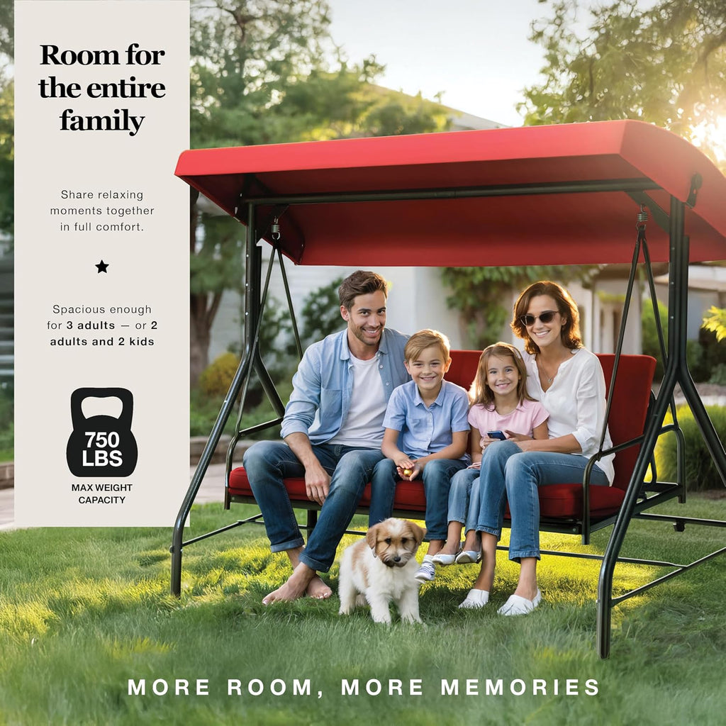 Porch Swing - 3-Seat Patio Outdoor Swing with Canopy for Adultes, Convertible Glider Bed, Thick Removable Cushions & Pillows for Backyard, Porch, Garden - Burgundy