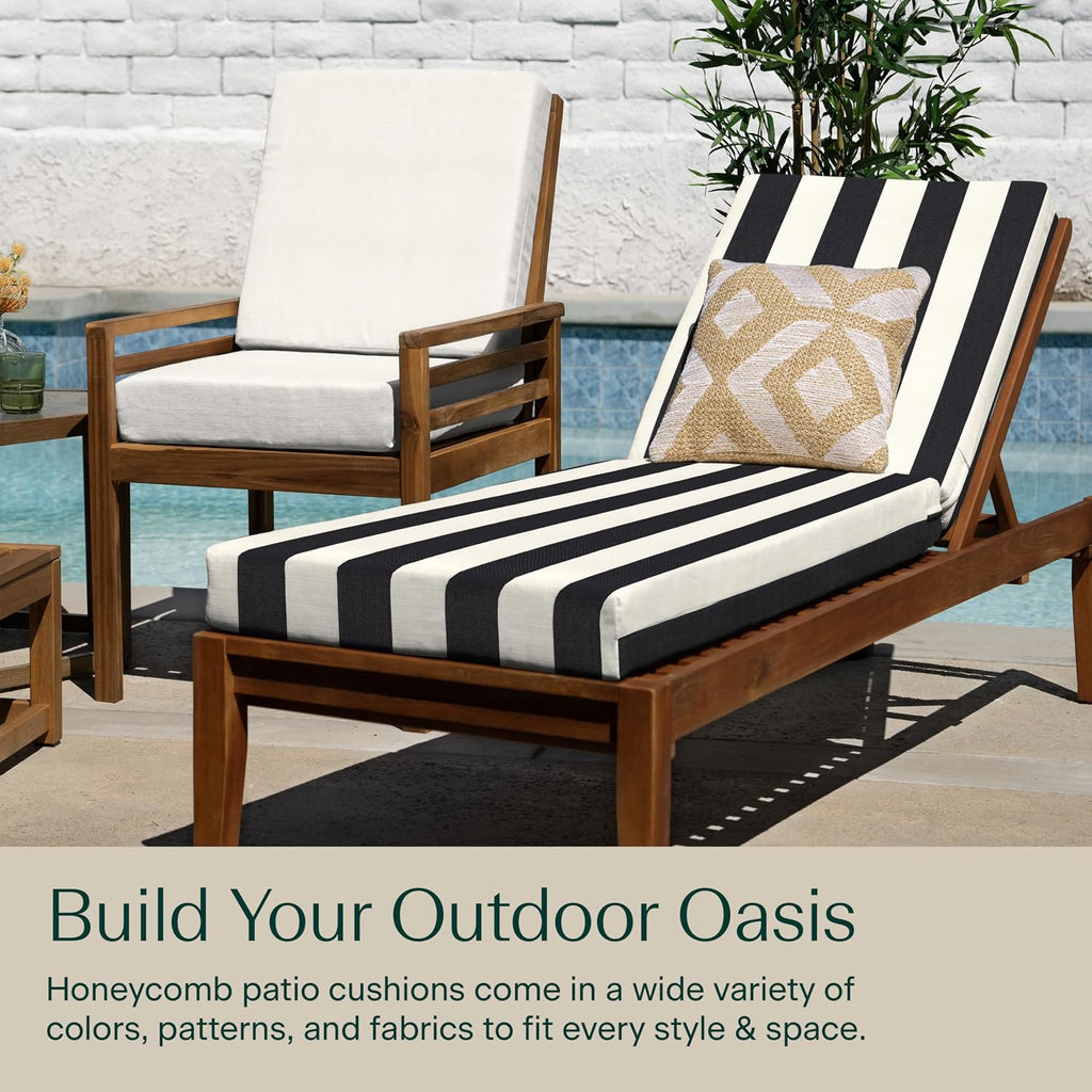Honeycomb Outdoor Chaise Lounge Cushion for Patio Furniture, Water & Fade Resistant, Removable Cover, 23 x 75, Heritage Cabana Stripe Black and Ivory