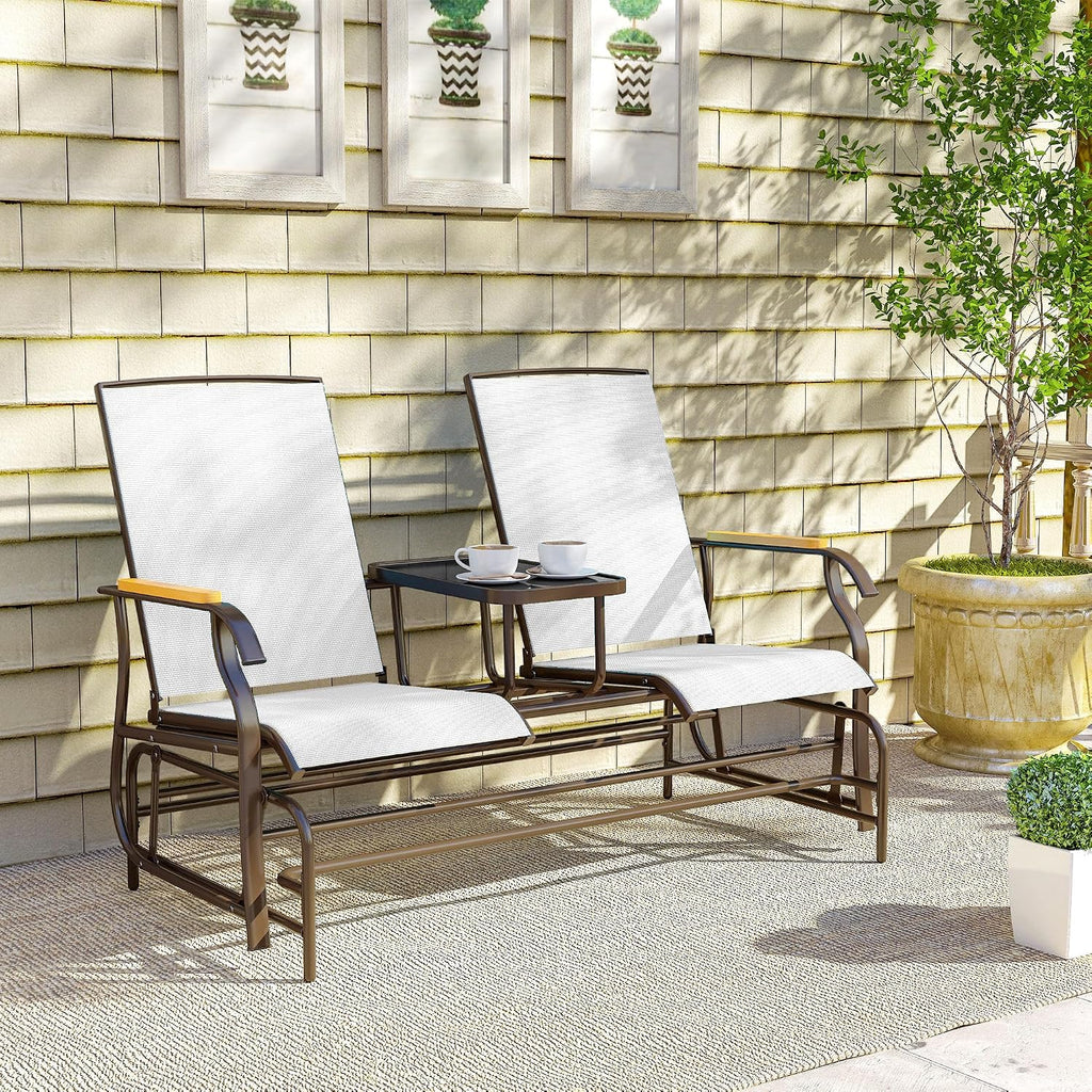 Outsunny 2 Person Outdoor Glider Bench, Patio Swing Glider Chair Loveseat with Breathable Mesh, Table, Steel Frame for Garden, Backyard, Porch, Cream White